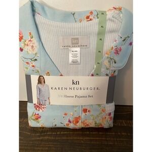 Karen Neuburger Size XL Aqua Floral 3/4 Sleeve Button Front Long Pants Pajamas